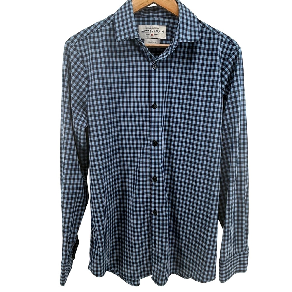 Mizzen+Main Leeward Collection Blue Gingham Dress Shirt Medium Trim Fit Mens